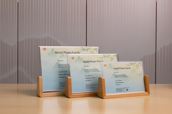 Crystal Mini Menu Stand Acrílico quadro de foto portador de sinal com base de madeira de nozes